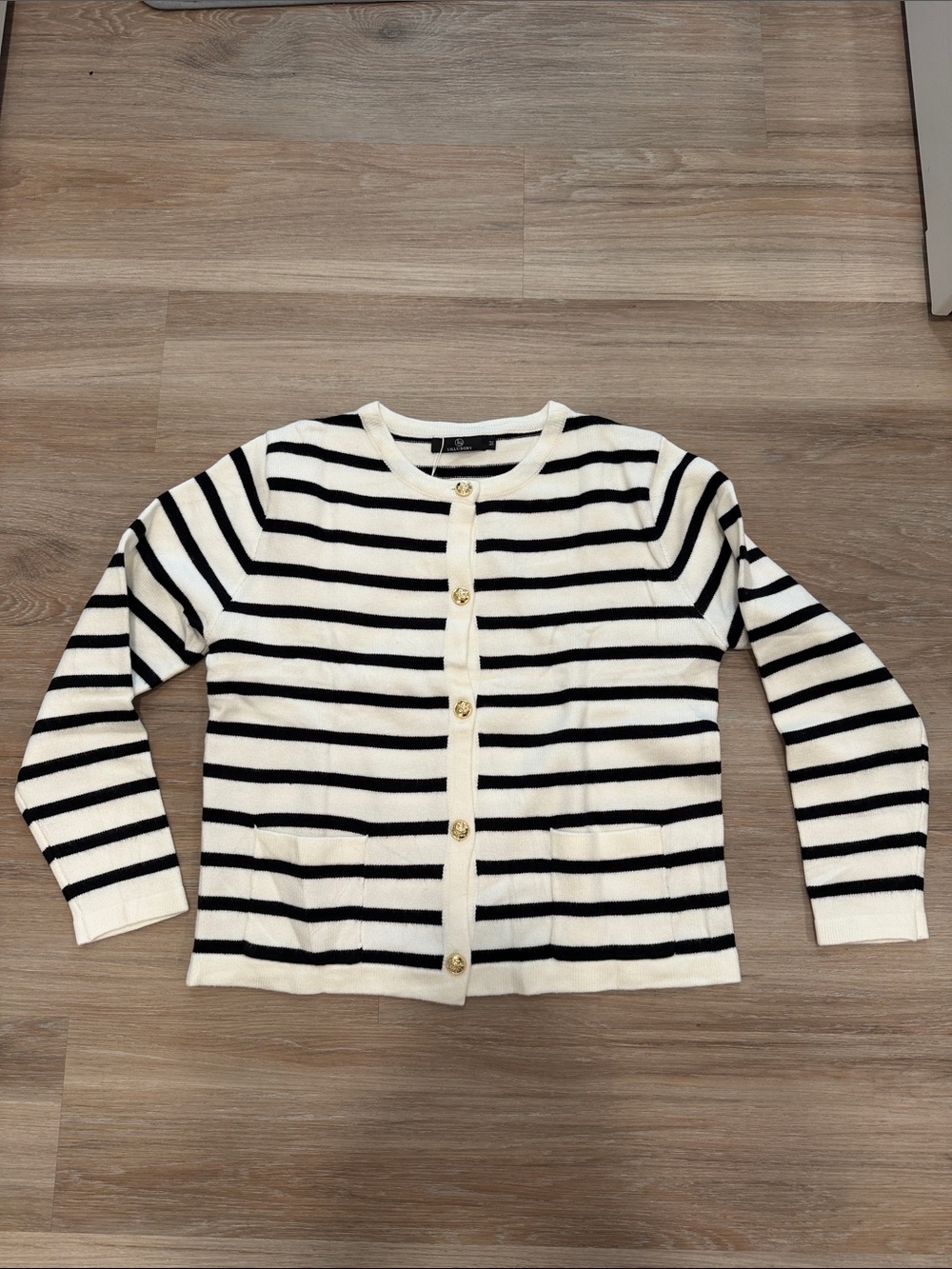Striped Crewneck Cardigan with Gold Buttons - Black & White